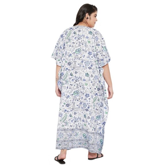 Women Plus Size Fit and Flare Floral Printed White Kaftan Dress by Gypsie Blu - Picture 7 of 9